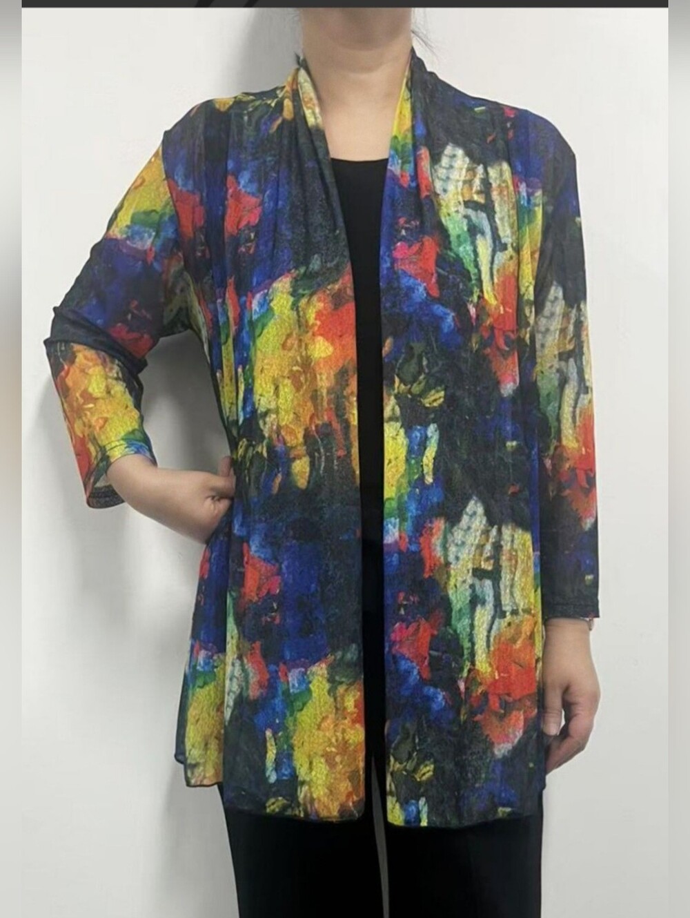 Creation Multicolor Abstract Mesh Colorful Open Front Cardigan Large